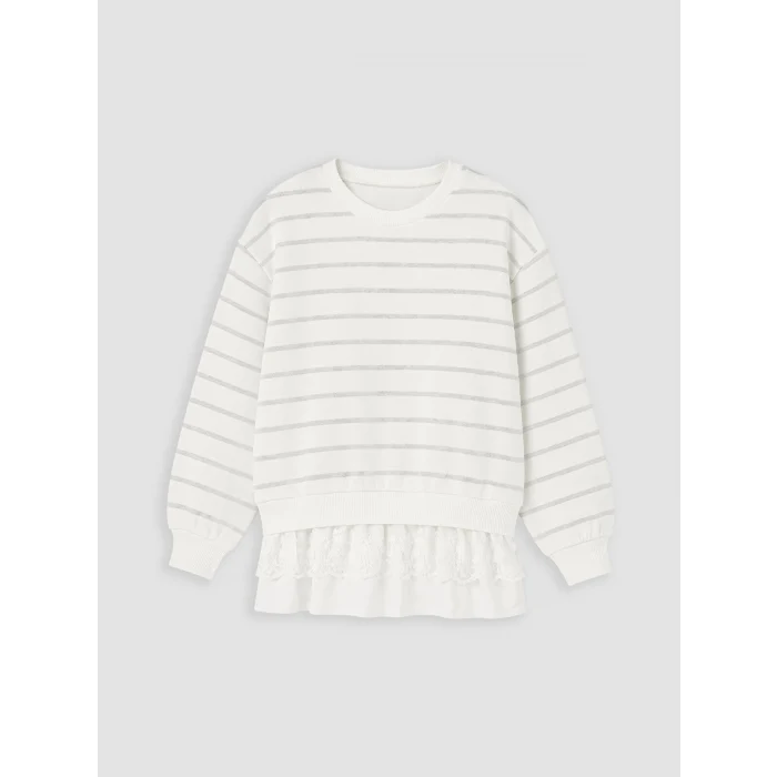 LCW Kids Ekru Bisiklet Yaka Fırfırlı Kız Çocuk Sweatshirt