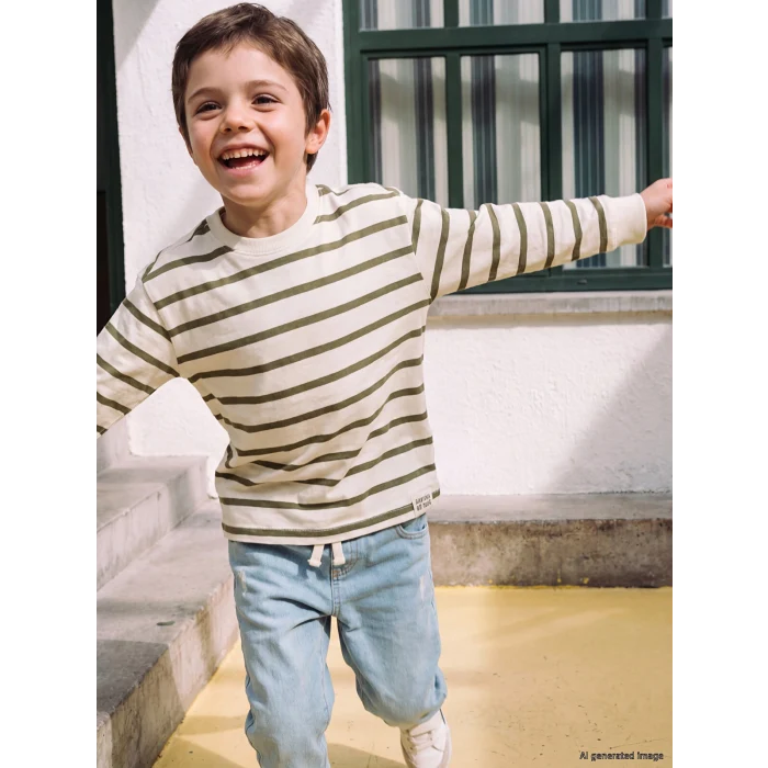LCW Kids Haki Bisiklet Yaka Çizgili Erkek Çocuk Tişört