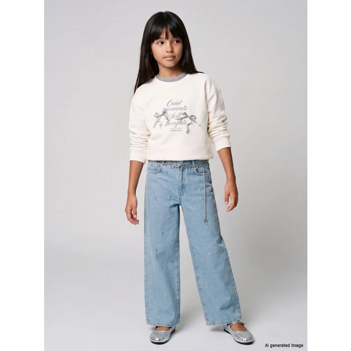 LCW Kids Mavi Wideleg Taş İşlemeli Kız Çocuk Jean Pantolon
