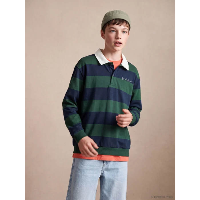 LCW Kids Yeşil Polo Yaka Çizgili Erkek Çocuk Sweatshirt