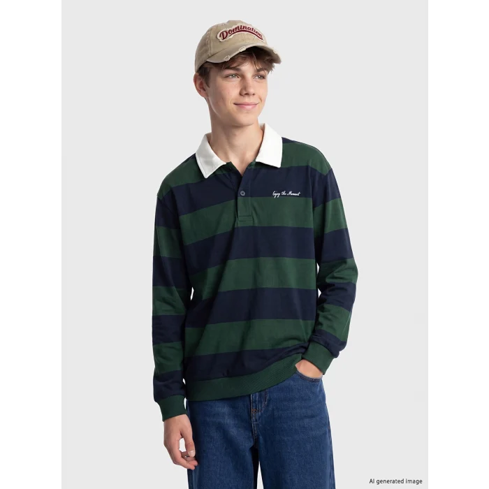 LCW Kids Yeşil Polo Yaka Çizgili Erkek Çocuk Sweatshirt