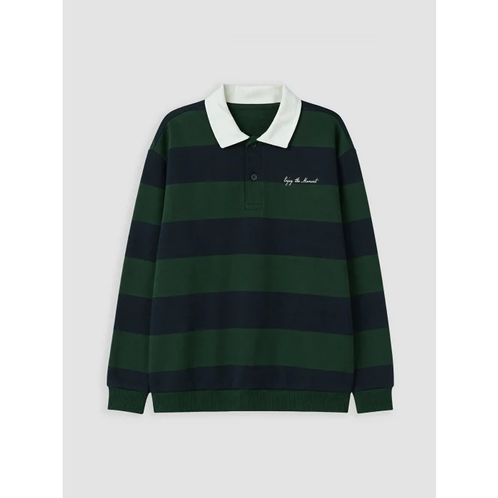 LCW Kids Yeşil Polo Yaka Çizgili Erkek Çocuk Sweatshirt