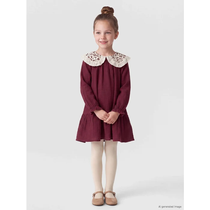 LCW Kids Bordo Bebe Yaka Nakışlı Uzun Kollu Kız Çocuk Elbise