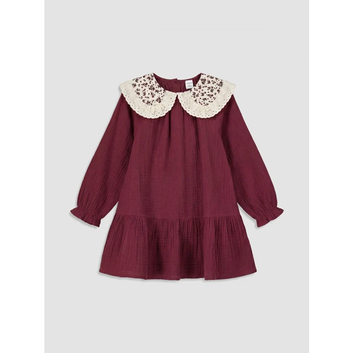 LCW Kids Bordo Bebe Yaka Nakışlı Uzun Kollu Kız Çocuk Elbise