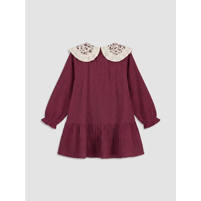 LCW Kids Bordo Bebe Yaka Nakışlı Uzun Kollu Kız Çocuk Elbise