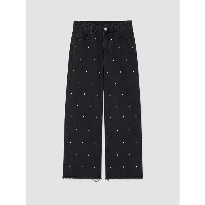 LCW Kids Siyah Wideleg Puantiyeli Kız Çocuk Jean Pantolon