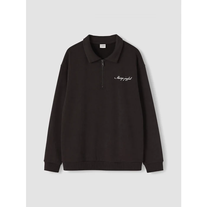 LCW Kids Kahverengi Polo Yaka Nakışlı Erkek Çocuk Kalın Sweatshirt