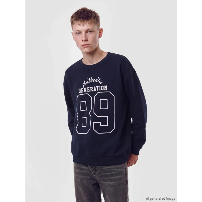 LCW Kids Lacivert Bisiklet Yaka Baskılı Erkek Çocuk Sweatshirt