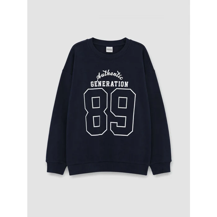 LCW Kids Lacivert Bisiklet Yaka Baskılı Erkek Çocuk Sweatshirt