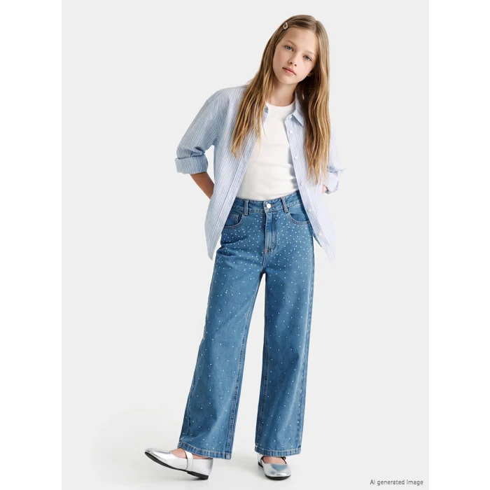 LCW Kids İndigo Taşlı Wideleg Kız Çocuk Jean Pantolon