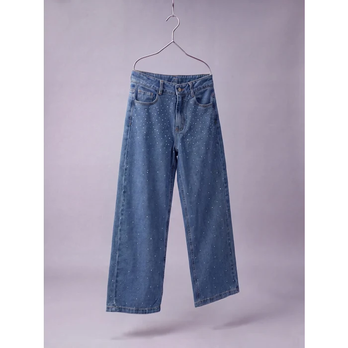 LCW Kids İndigo Taşlı Wideleg Kız Çocuk Jean Pantolon