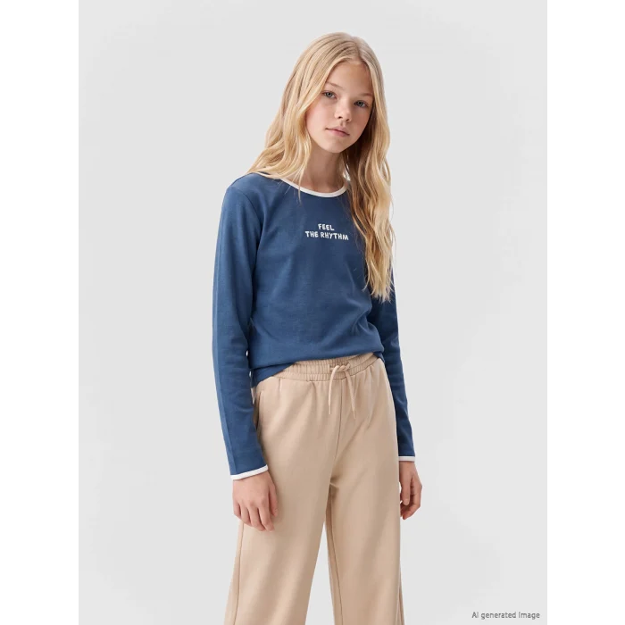 LCW Kids Lacivert Bisiklet Yaka Baskılı Uzun Kollu Kız Çocuk Tişört