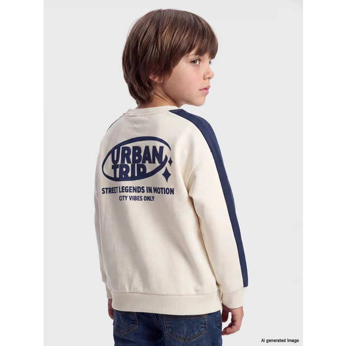 LCW Kids Bej Bisiklet Yaka Baskılı Erkek Çocuk Kalın Sweatshirt