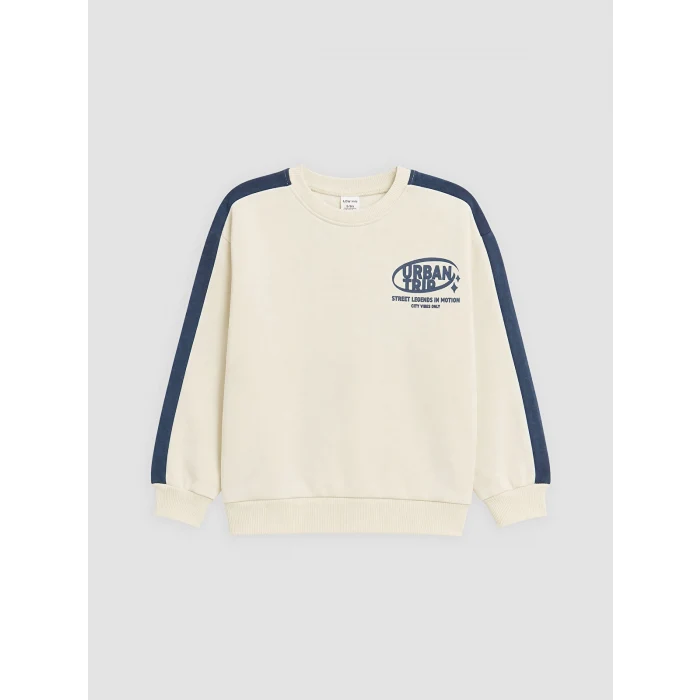 LCW Kids Bej Bisiklet Yaka Baskılı Erkek Çocuk Kalın Sweatshirt