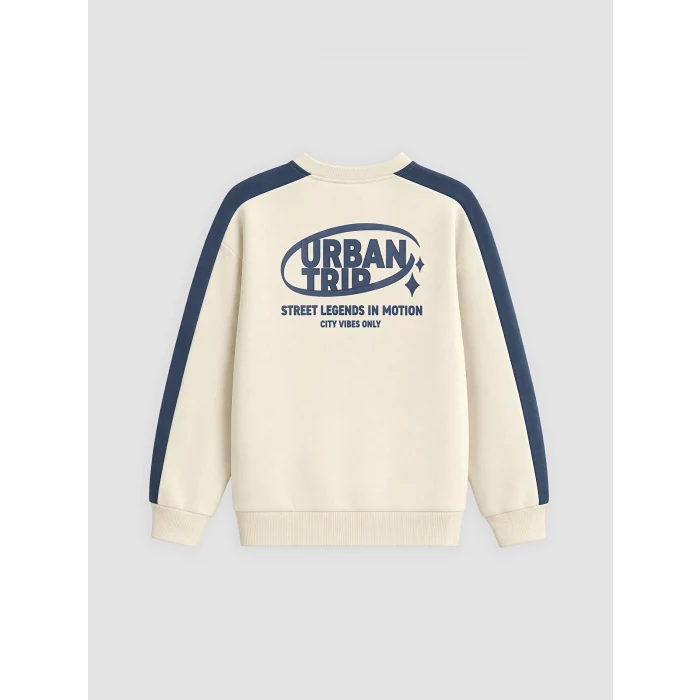 LCW Kids Bej Bisiklet Yaka Baskılı Erkek Çocuk Kalın Sweatshirt