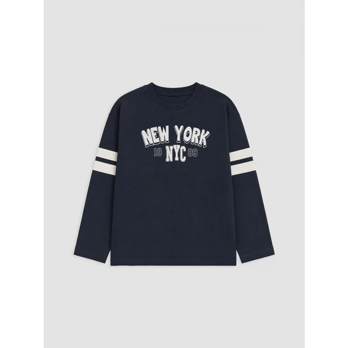 LCW Kids Lacivert Bisiklet Yaka NYC Baskılı Erkek Çocuk Tişört