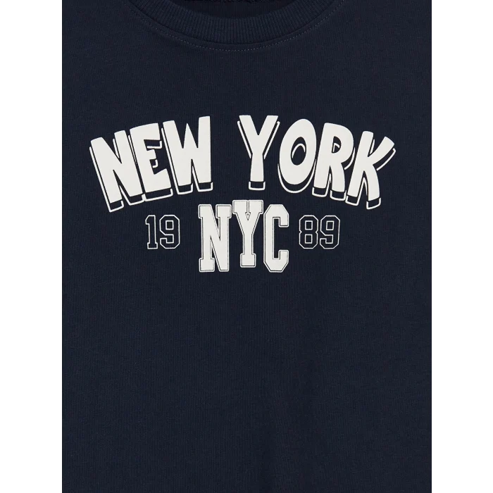 LCW Kids Lacivert Bisiklet Yaka NYC Baskılı Erkek Çocuk Tişört