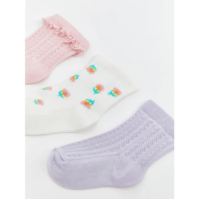 LCW baby Pembe Çiçekli Kız Bebek Soket Çorap 3lü
