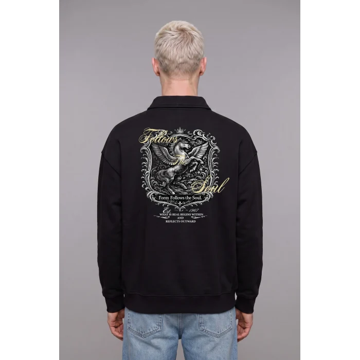 Defacto H3175AXBK81 Siyah Boxy Fit Basic Polo Yaka Uzun Kollu İşlemeli Sweatshirt