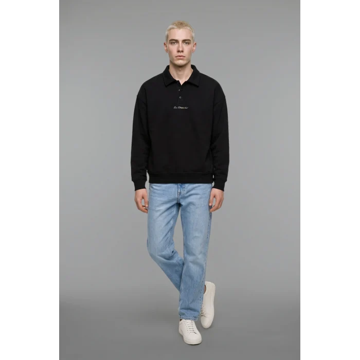 Defacto H3175AXBK81 Siyah Boxy Fit Basic Polo Yaka Uzun Kollu İşlemeli Sweatshirt