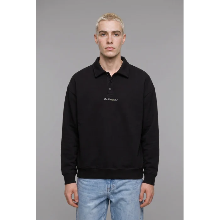 Defacto H3175AXBK81 Siyah Boxy Fit Basic Polo Yaka Uzun Kollu İşlemeli Sweatshirt