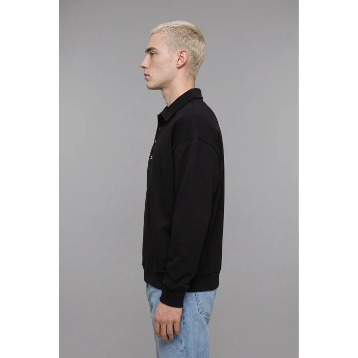 Defacto H3175AXBK81 Siyah Boxy Fit Basic Polo Yaka Uzun Kollu İşlemeli Sweatshirt