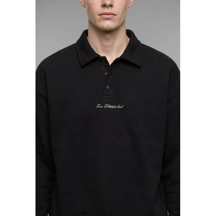 Defacto H3175AXBK81 Siyah Boxy Fit Basic Polo Yaka Uzun Kollu İşlemeli Sweatshirt