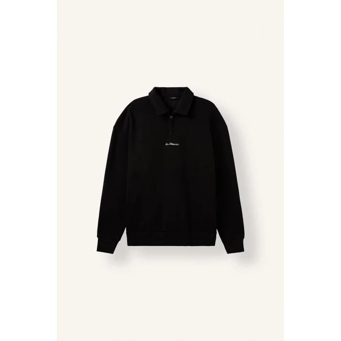 Defacto H3175AXBK81 Siyah Boxy Fit Basic Polo Yaka Uzun Kollu İşlemeli Sweatshirt