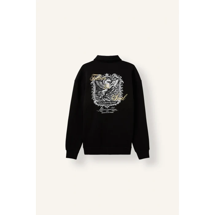 Defacto H3175AXBK81 Siyah Boxy Fit Basic Polo Yaka Uzun Kollu İşlemeli Sweatshirt