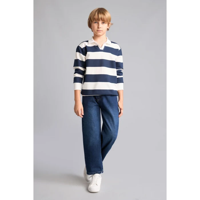 Defacto H7130A8NV256 Lacivert New Regular Fıt Uzun Kollu Apaş Yaka Pamuklu Lacivert Sweatshirt Erkek Çocuk