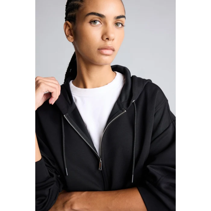 Defacto H5189AXBK81 Siyah Ultra Yumuşak Oversize Fermuarlı Kapüşonlu Cepli Basic Sweatshirt Hırka
