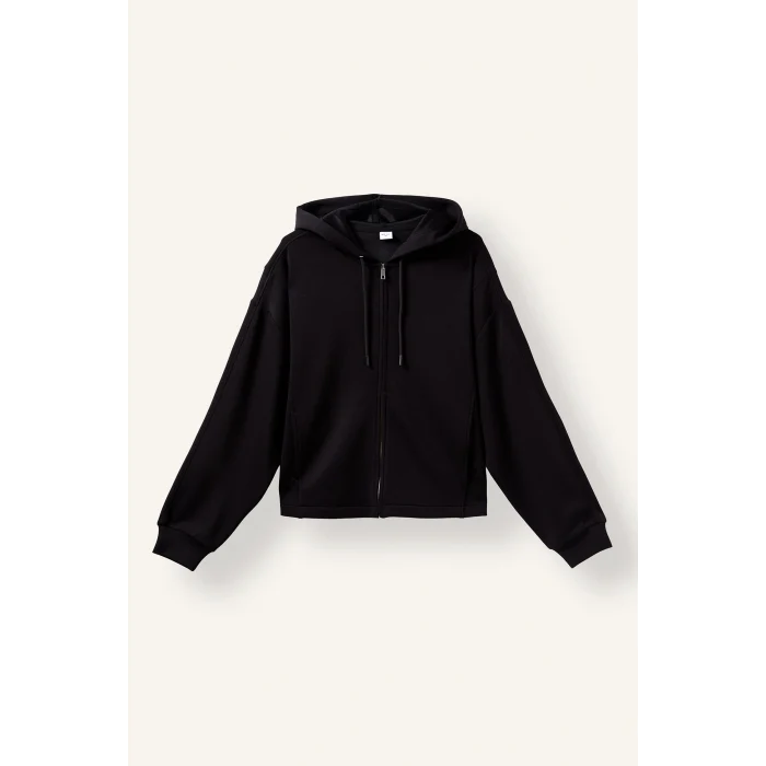 Defacto H5189AXBK81 Siyah Ultra Yumuşak Oversize Fermuarlı Kapüşonlu Cepli Basic Sweatshirt Hırka