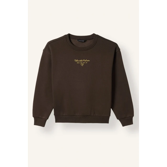 Defacto I3382A8BN581 Kahve Relax Fit Bisiklet Yaka Düşük Omuzlu Baskılı Sweatshirt Kız Çocuk