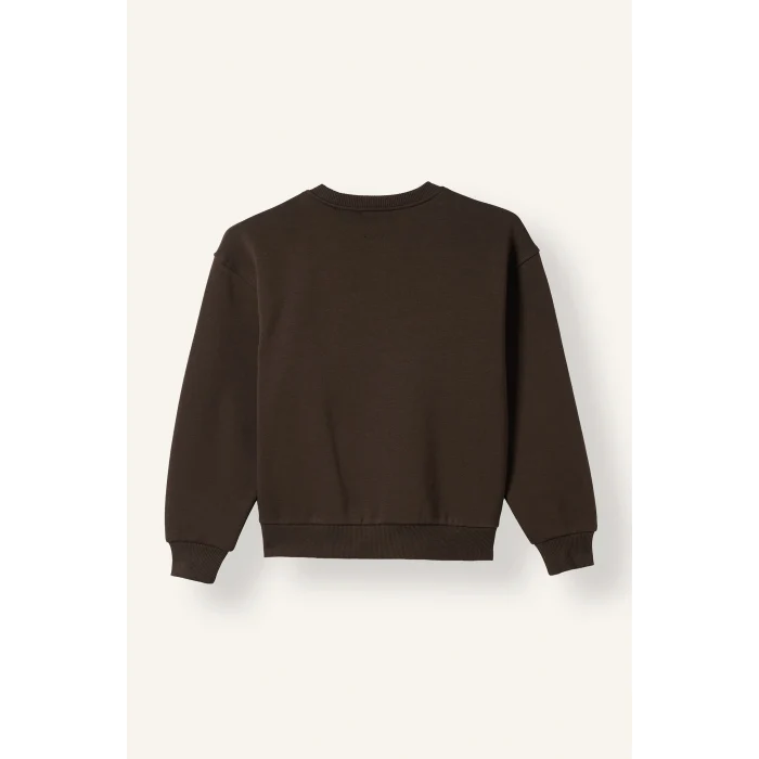 Defacto I3382A8BN581 Kahve Relax Fit Bisiklet Yaka Düşük Omuzlu Baskılı Sweatshirt Kız Çocuk