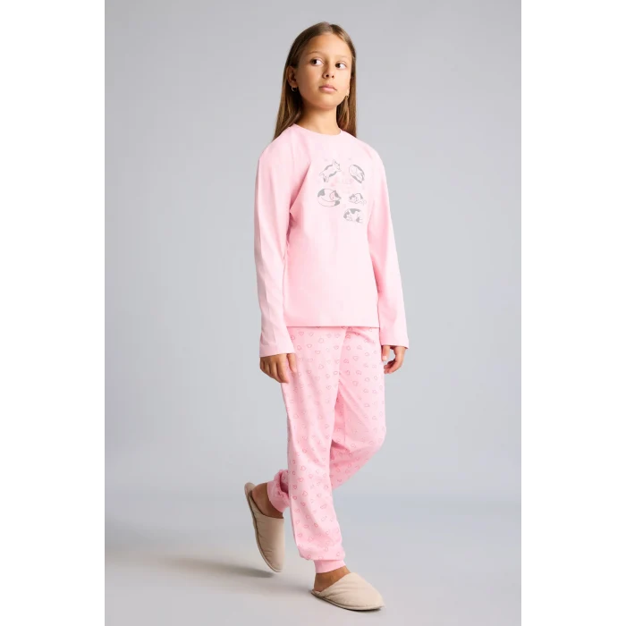 Defacto I2285A8PN149 Pembe %100 Pamuk Baskılı Uzun Kollu Üst Lastikli Paça Alt 2li Pijama Takımı Kız Çocuk