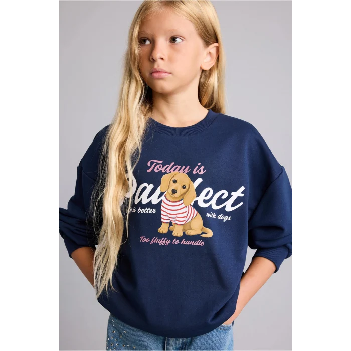 Defacto I4159A8NV244 Lacivert Relax Fit Bisiklet Yaka Baskılı Sweatshirt Kız Çocuk