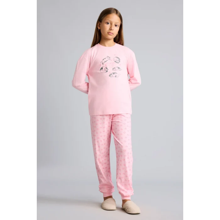 Defacto I2285A8PN149 Pembe %100 Pamuk Baskılı Uzun Kollu Üst Lastikli Paça Alt 2li Pijama Takımı Kız Çocuk