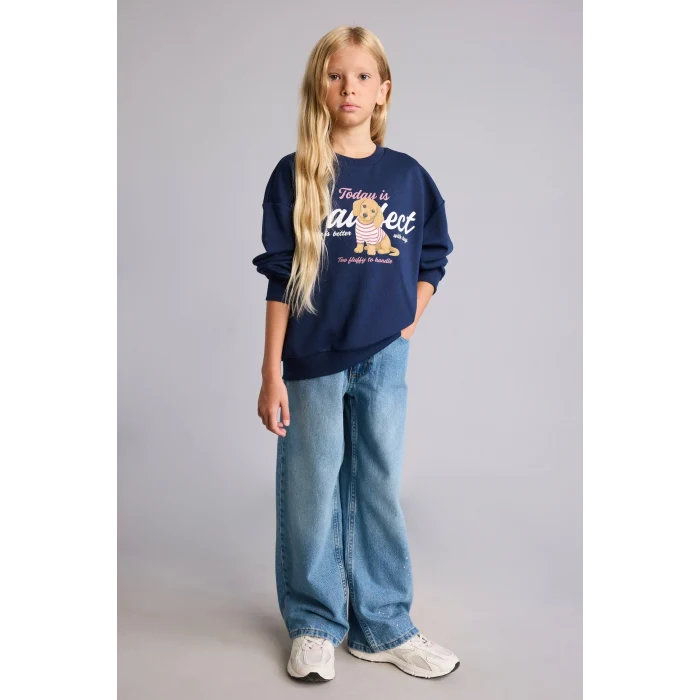 Defacto I4159A8NV244 Lacivert Relax Fit Bisiklet Yaka Baskılı Sweatshirt Kız Çocuk