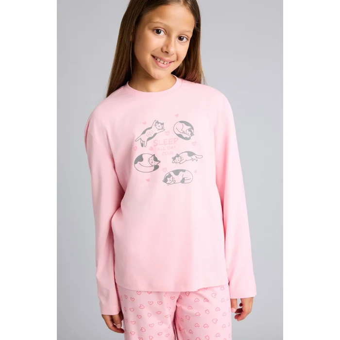 Defacto I2285A8PN149 Pembe %100 Pamuk Baskılı Uzun Kollu Üst Lastikli Paça Alt 2li Pijama Takımı Kız Çocuk