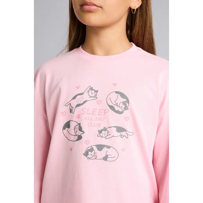 Defacto I2285A8PN149 Pembe %100 Pamuk Baskılı Uzun Kollu Üst Lastikli Paça Alt 2li Pijama Takımı Kız Çocuk
