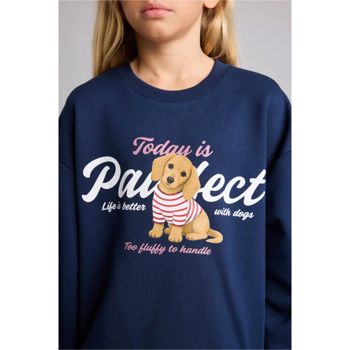 Defacto I4159A8NV244 Lacivert Relax Fit Bisiklet Yaka Baskılı Sweatshirt Kız Çocuk