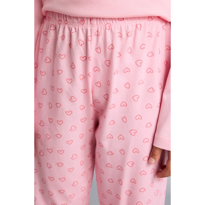 Defacto I2285A8PN149 Pembe %100 Pamuk Baskılı Uzun Kollu Üst Lastikli Paça Alt 2li Pijama Takımı Kız Çocuk