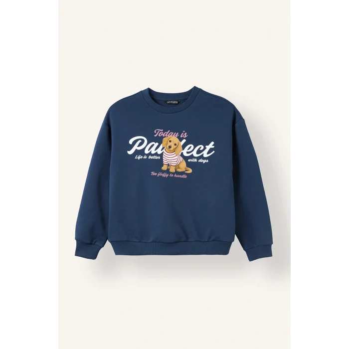 Defacto I4159A8NV244 Lacivert Relax Fit Bisiklet Yaka Baskılı Sweatshirt Kız Çocuk