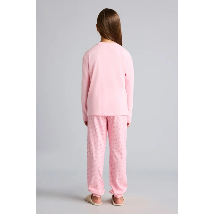Defacto I2285A8PN149 Pembe %100 Pamuk Baskılı Uzun Kollu Üst Lastikli Paça Alt 2li Pijama Takımı Kız Çocuk
