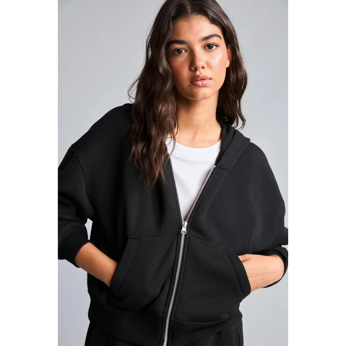 Defacto I2412AXBK81 Siyah Regular Pamuklu Fıt Kapüşonlu Fermuarlı Siyah Sweatshirt