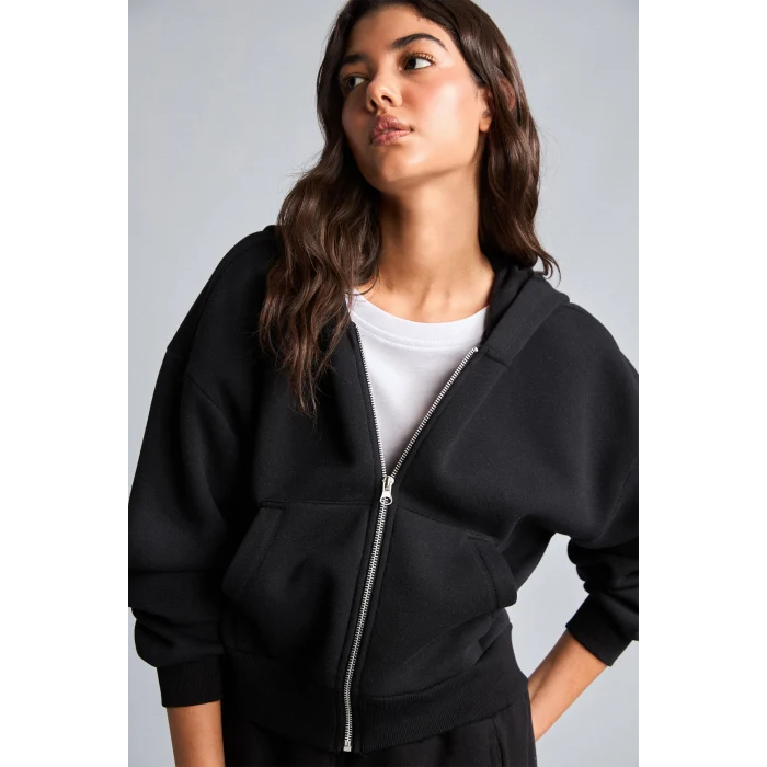 Defacto I2412AXBK81 Siyah Regular Pamuklu Fıt Kapüşonlu Fermuarlı Siyah Sweatshirt