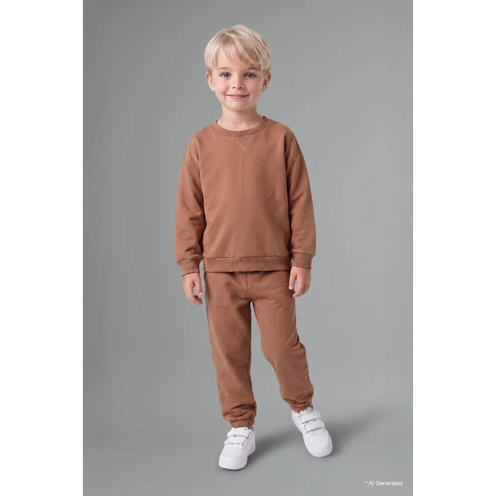 Defacto H5617A5BG704 Bej Uzun Kollu Sweatshirt Elastik Belli Eşofman Altlı 2li Takım Erkek Bebek