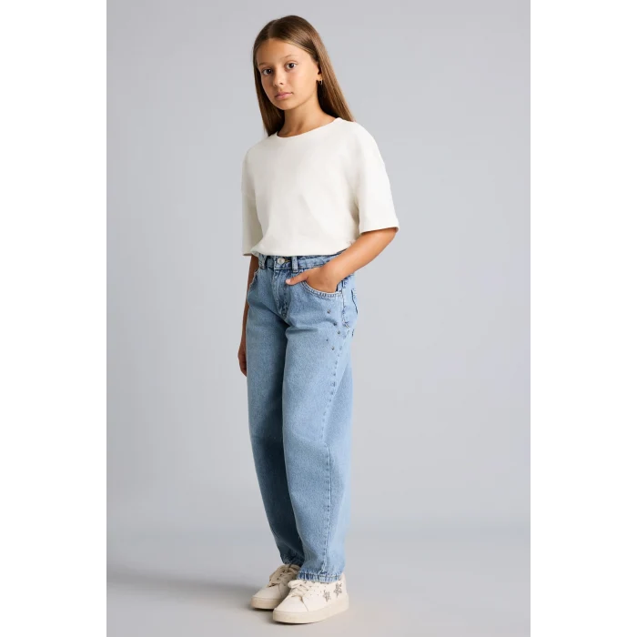 Defacto H8895A8NM28 Mavi %100 Pamuk Pens Detaylı Cepli Baggy Fit Jean Pantolon Kız Çocuk