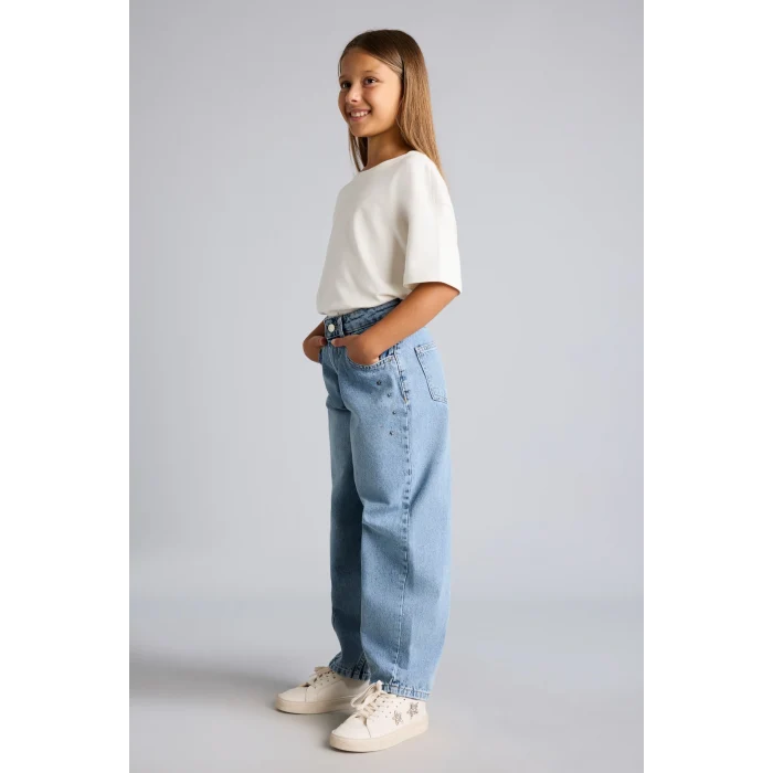 Defacto H8895A8NM28 Mavi %100 Pamuk Pens Detaylı Cepli Baggy Fit Jean Pantolon Kız Çocuk