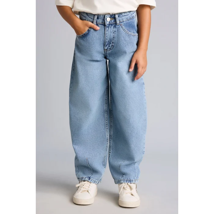 Defacto H8895A8NM28 Mavi %100 Pamuk Pens Detaylı Cepli Baggy Fit Jean Pantolon Kız Çocuk